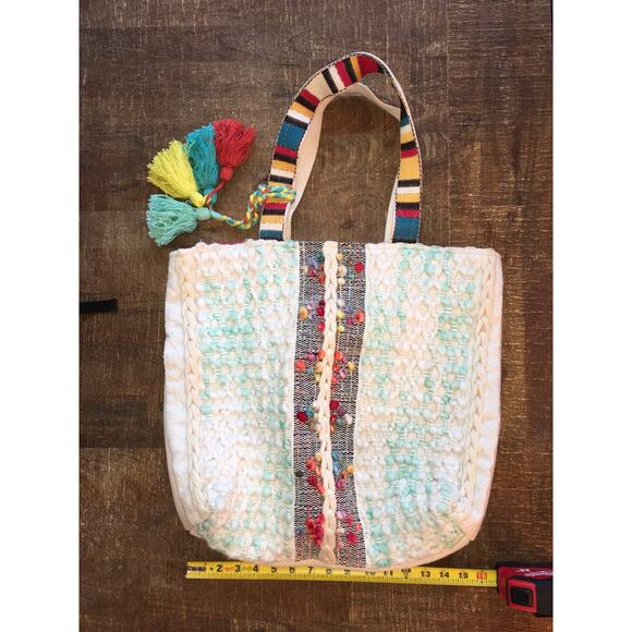Katydid Textured Boho Large Tote Bag Multicolor Ivory Tassel Beachy Bright Fun - Picture 2 of 8